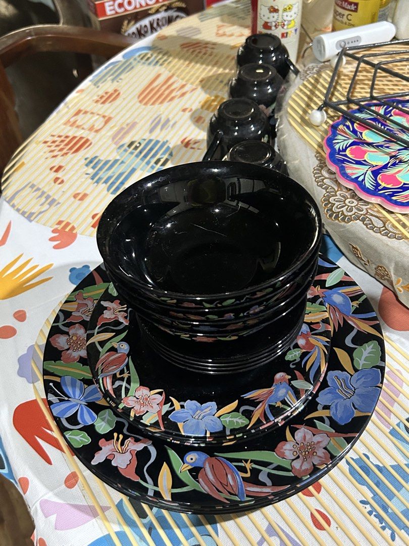 Arcoroc Black Floral Dinnerware Set (FULL SET) (Category: Dinnerware & Cutlery) located in Quezon City. Submitted by icaaa-sells (Listing ID 1435814440, Image 3). Description: RFS: Decluttering MOP: GCash/BDO/BPI Shipping fee care of buyer: Grab/Mr Speedy/LalaMove or GGX/J&T Seller location: 📍West Triangle, Quezon City - Black dinnerware set - Features floral and bird designs - Includes plates and bowls - Complete set - Adds sophistication to yo