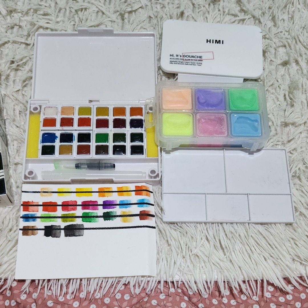 Art Materials Take all (Category: Craft Supplies & Tools) located in Caloocan City. Submitted by adrienne_garcia (Listing ID 1435828933, Image 1). Description: Includes: - Himi gouache glow in the dark - Watercolor set (24 colors) - Dip pens - Artline drawing pens (various sizes) all the acrylics and paint brush are already sold you can pic a set if you'd like, just pm me what combination you want.