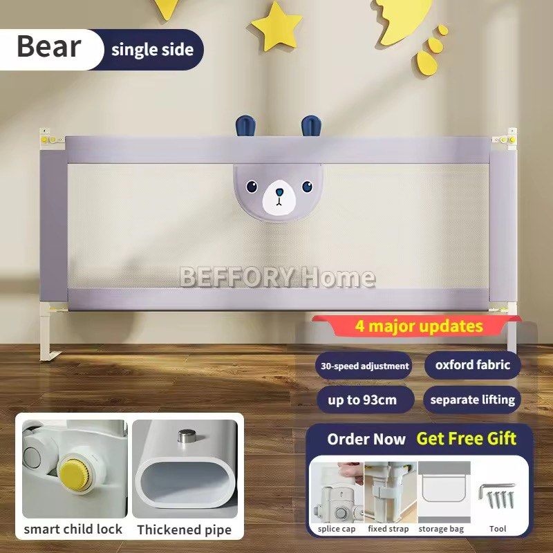 Bed rail for baby toddler (Category: Bed Frames & Mattresses) located in Taytay. Submitted by nuristef (Listing ID 1435769496, Image 2). Description: - Single-side bed rail with adorable bear design - Adjustable height up to 93cm - Equipped with a smart child lock for safety - Durable construction with thickened pipe - Made with breathable oxford fabric and a mesh panel - Easy lifting mechanism for convenience - Please note: Fabric shows some sta