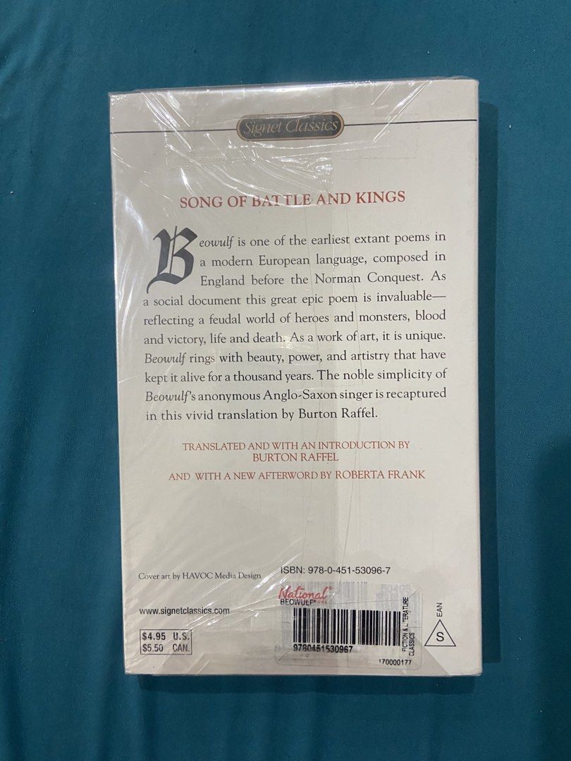 BEOWULF (Signet Classics) translated by Burton Raffel (Category: Storybooks) located in Manila. Submitted by zia_renee (Listing ID 1435865277, Image 2). Description: » new sells for ~₱250+ » from NBS ! » paperback :) » epic, heroism, classic ♡ » body cosmetics: 10/10 .ᐟ⁀➴ flaws: none ☆.