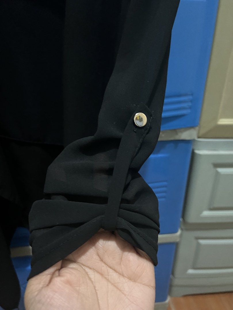 Black see through blazer blouse (Category: Others Tops) located in Manila. Submitted by jovalbarez (Listing ID 1435857403, Image 3). Description: Has tie on the sides. Long sleeves convertible to 3/4. Fits best on small to medium..