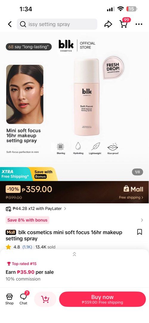 BLK Cosmetics Mini Soft Focus 16HR Makeup Setting Spray (Category: Makeup) located in Marikina City. Submitted by jorjacat (Listing ID 1435762865, Image 1). Description: - Achieve a soft-focus finish with BLK Cosmetics Mini Soft Focus Setting Spray. - Blurs imperfections for a flawless look. - Hydrates the skin. - Lightweight and kiss-proof. - Waterproof and sweat-resistant. - From the official BLK Cosmetics store..