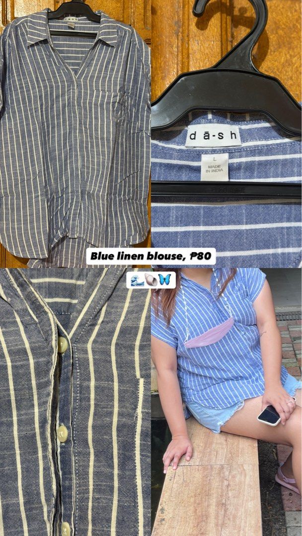 Blue Striped Linen Blouse (Category: Blouses) located in Dasmarinas. Submitted by catgo (Listing ID 1435723687, Image 1). Description: Blue and white striped linen blouse from Dā-sh. Features a V-neck, button-down front, and a single chest pocket. Perfect for a casual, breezy look..
