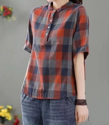 (BRAND NEW IN STOCK) Korean Designed & Made Women’s Korean Linen Cotton Plaid Blouse – Loose Fit Plus Size Short Sleeve Top (Category: Shirts) located in Singapore. Submitted by Bikes.galore (Listing ID 1435880277, Image 3). Description: Stay cool and effortlessly stylish with this Korean-style plaid blouse made from a breathable linen-cotton blend. Designed with a loose, relaxed fit, it offers all-day comfort while flattering all body types, inc