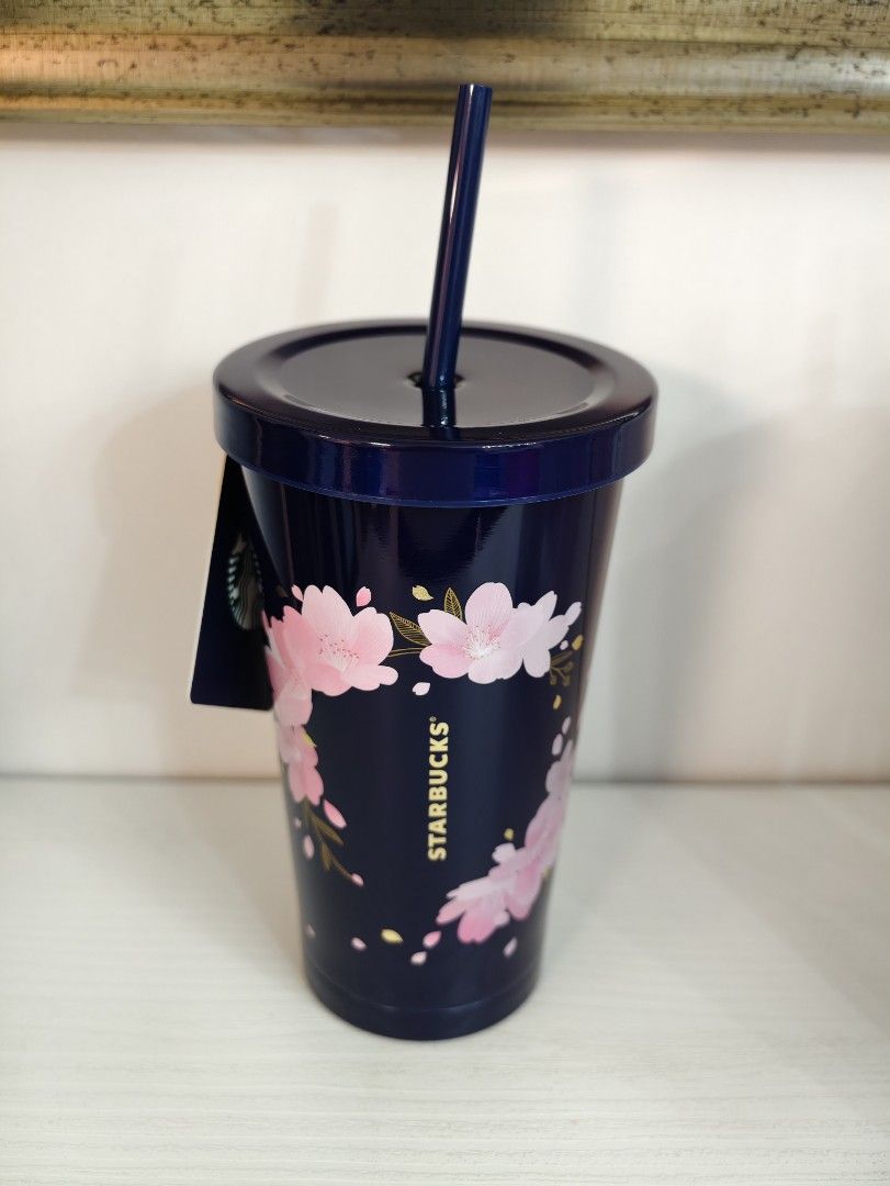 Brand New Starbucks Navy Sakura Wreath collection Tumbler with Straw