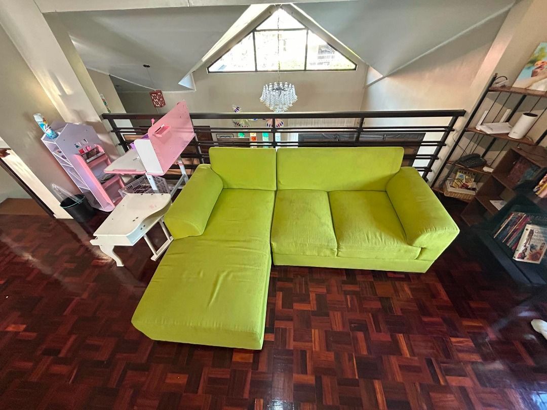 Bright Green Sectional Sofa with Chaise (Secondhand) (Category: Sofas) located in Manila. Submitted by jvsgetubig (Listing ID 1435900456, Image 3). Description: FOR SALE: Modern sectional sofa with a left-facing chaise lounge, perfect for lounging and spacious seating. Upholstery is a bold bright green that adds character to any room. Condition: Used (see photos). Still sturdy and comfortable. Style: Modern sectional with clean lines Features: Sp