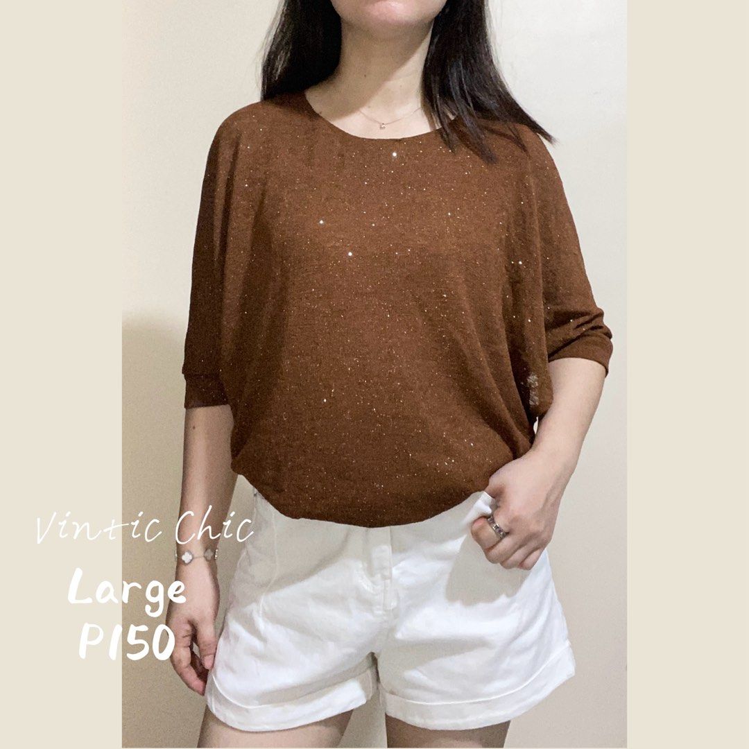Brown glittery 3/4 Blouse(Ukay/Pre-loved) (Category: Blouses) located in Pangil. Submitted by shiy_shiy05 (Listing ID 1435821242, Image 1). Description: 📌no rush shipping 📌need wash.