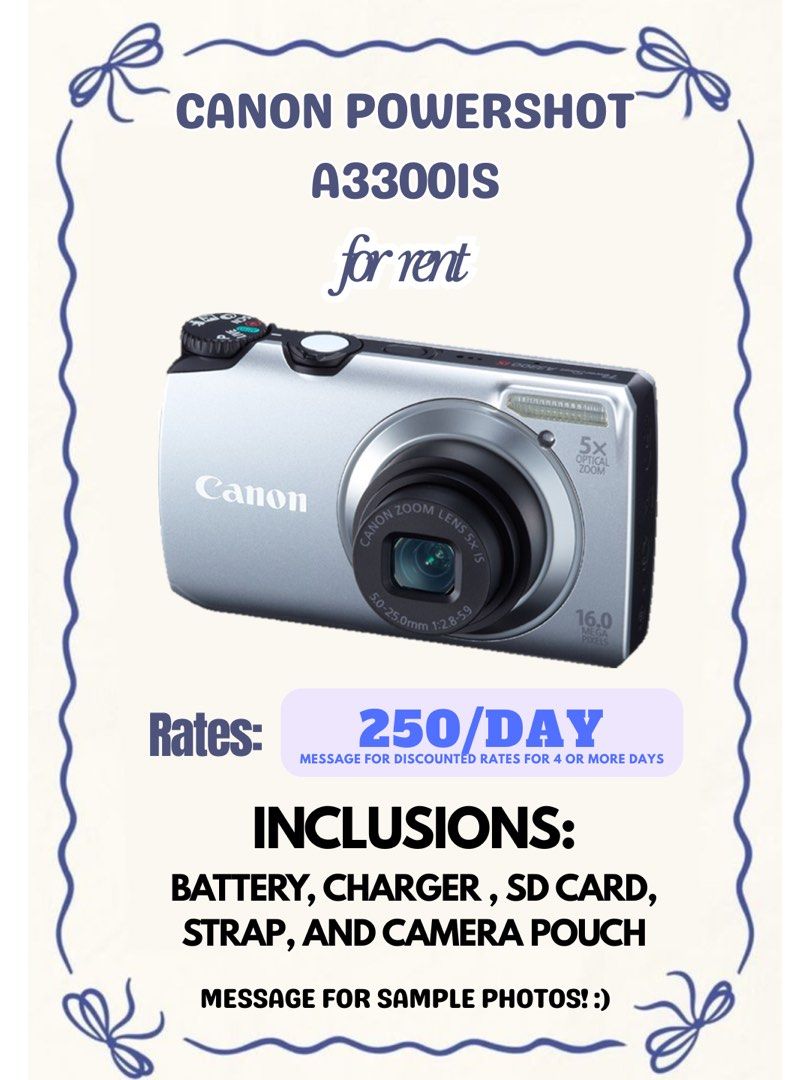 Camera for Rent (Category: Cameras) located in Calamba. Submitted by raineorencia (Listing ID 1429714812, Image 2). Description: Camera for rent: 📍 Calamba/Santa Rosa, Laguna (can do meetups or lalamove) 📸 Sony A5100 Rates: 400/day (message us for discounted rates for 3 or more days) Inclusion: Battery, Charger, SD Card (16 GB), Camera strap & bag 📸 Canon PowerShot A3300IS Rates: 250/day (message us for discounted rates for 3 or more days) Inc
