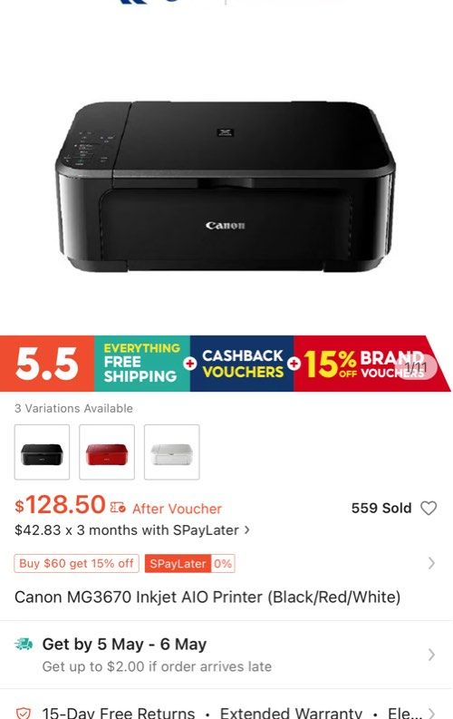 Canon MG3670 Inkjet All-in-One Printer Black443890014157557761