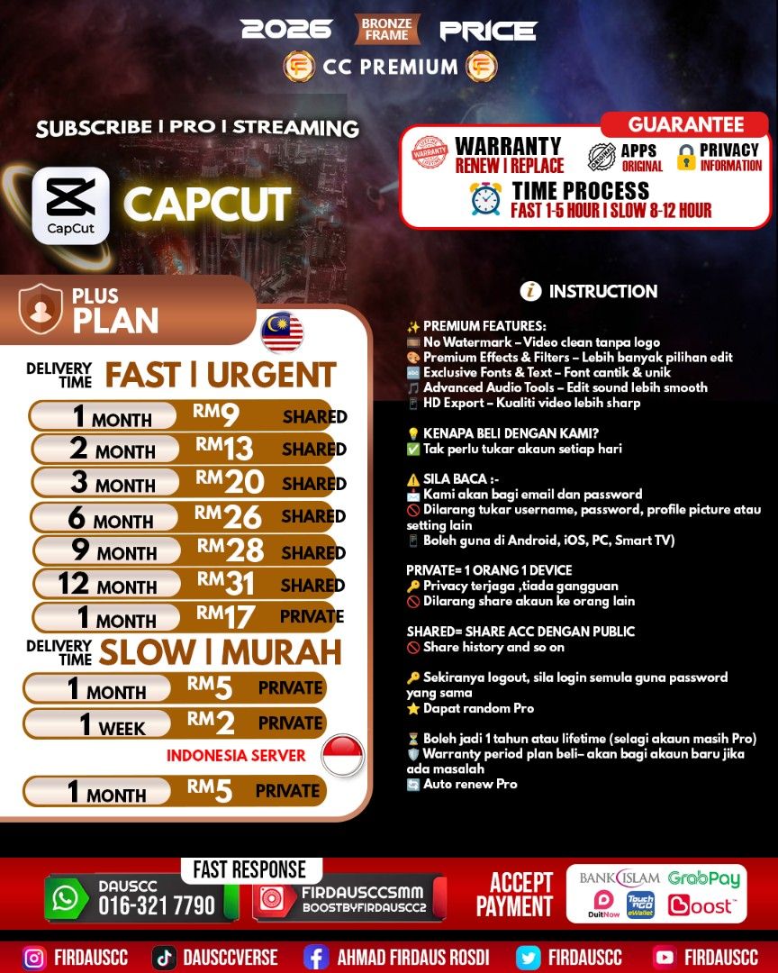 CAPCUT PLUS WEEK MONTH PLAN (Category: Game Gift Cards & Accounts) located in Kajang. Submitted by firdausccsmm (Listing ID 1435910513, Image 1). Description: CODE 3 Harga boleh refer kepada poster ~Sebarang pertanyaan boleh pm Saya ~Deal dulu sebelum buat payment ∆ WAJIB ∆ ~ Bagi Review after Settle semua ~ X BAGI review ,serta merta next time Admin X Kan layan😉 Safe •AntiBan ,Xde Third Party dijamin Selamat •Tak percaya ,Boleh Try dulu Paling 