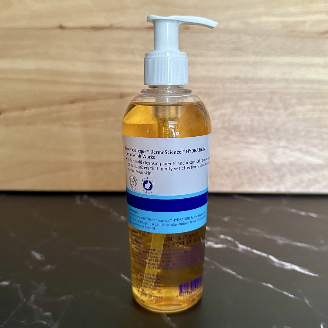 Celeteque hydration facial wash 250ml (Category: Face Care) located in Mandaluyong City. Submitted by sneakerltdph (Listing ID 1435786311, Image 2). Description: Brand: Celeteque DermoScience Hydration Facial Wash with Natural Moisturizing Factor Net Wt.: 250ml Dermatologist tested Non-comedogenic Hypoallergenic Paraben-free No harsh scent It has mild cleansing agents and a special combination of moisturizers that gently yet effectively clean wit