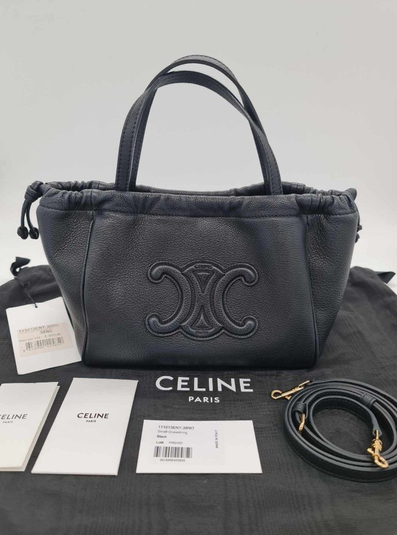 Celine Drawstring Triomphe (Category: Luxury Bags & Wallets) located in Manila. Submitted by corycee (Listing ID 1435765754, Image 1). Description: Condition: brand new bag! Never used, just in storage. Dimensions: Approx. H17.5cm x W22cm x D11.5cm Inclusions: Legit Grails Authenticity Certificate, cards, tags, strap, dust bag Location: Multinational Village, Parañaque Shipping Option: Deliveries are thru Grab, Lalamove, LBC or buyer's choice of 