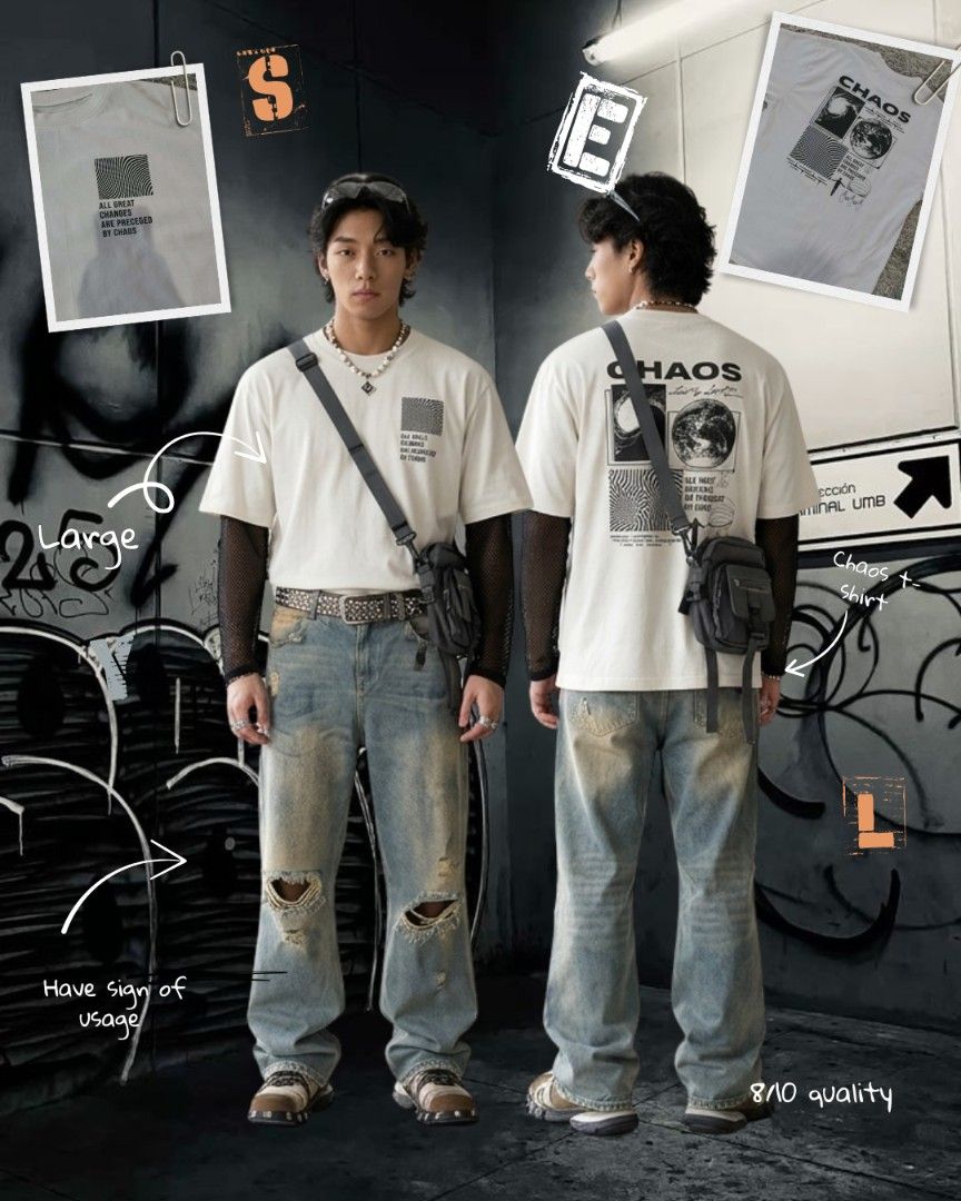 Chaos" Street Oversized Shirt (Category: Tshirts & Polo Shirts ) located in Manila. Submitted by softlywornbyelli_10 (Listing ID 1435739912, Image 1). Description: Product Highlights Brand: INSPI (often part of their Street or Daydreamer collections) Fit: Oversized/Unisex Graphics: Features a distinctive "CHAOS" back print with a grid of abstract and space-themed illustrations Color: Available in Ivory/White and Black Material: Typically made fro