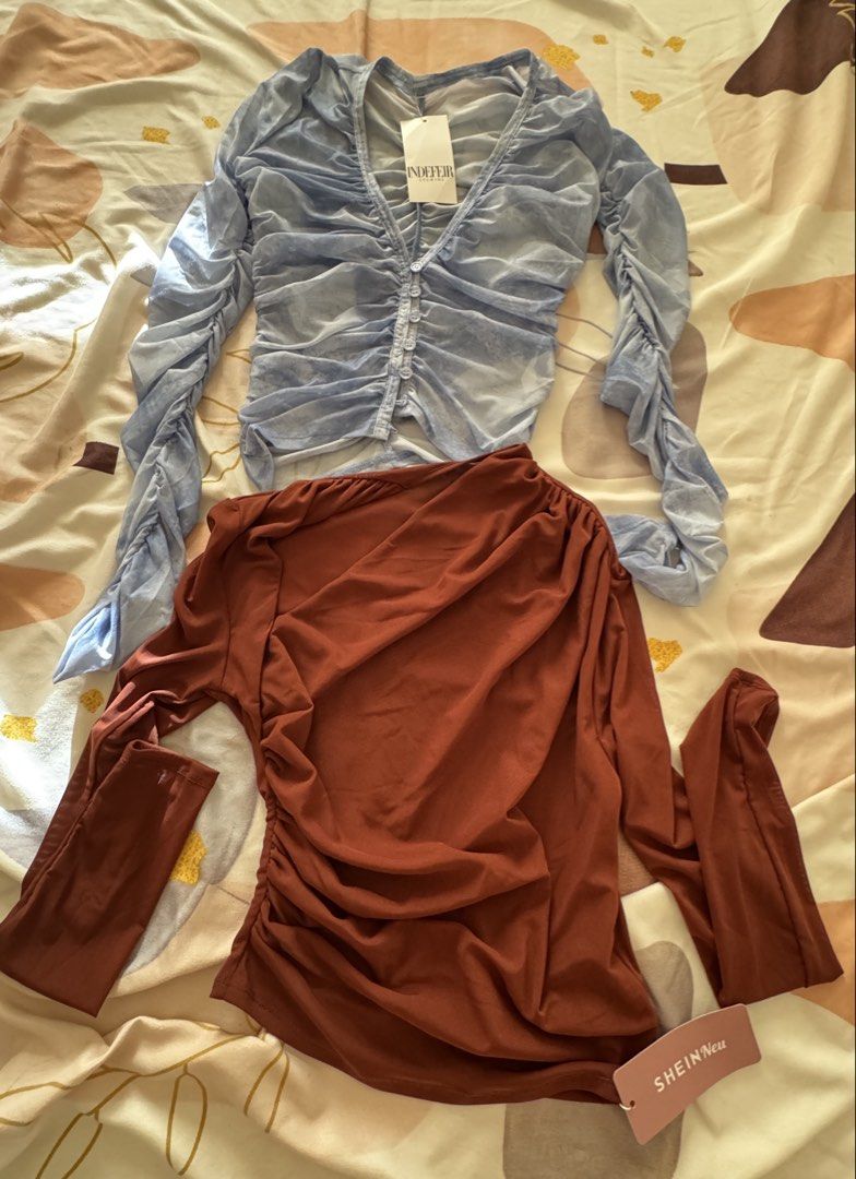 Chiffon blouse bundle S-M brand new with tag (Category: Blouses) located in Cavite. Submitted by may.tag (Listing ID 1435908744, Image 1). Description: Shein brown asymmetrical blouse Indefeir studios light blue chiffon blouse .