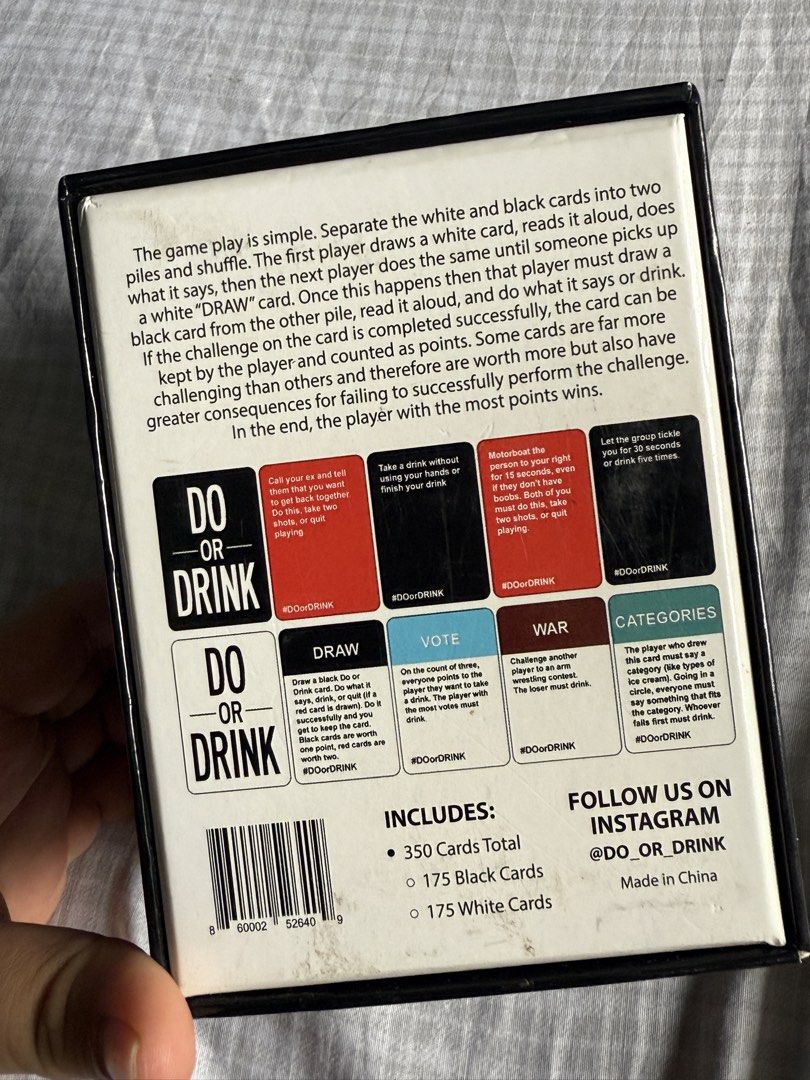 Do or Drink Card Game (Category: Board Games & Puzzles) located in Iloilo. Submitted by qwertrisha (Listing ID 1435726783, Image 3). Description: - Do or Drink card game for a fun night! - Includes 350 cards total. - 175 black cards and 175 white cards. - For ages 21+. - Play with 2 or more players. .