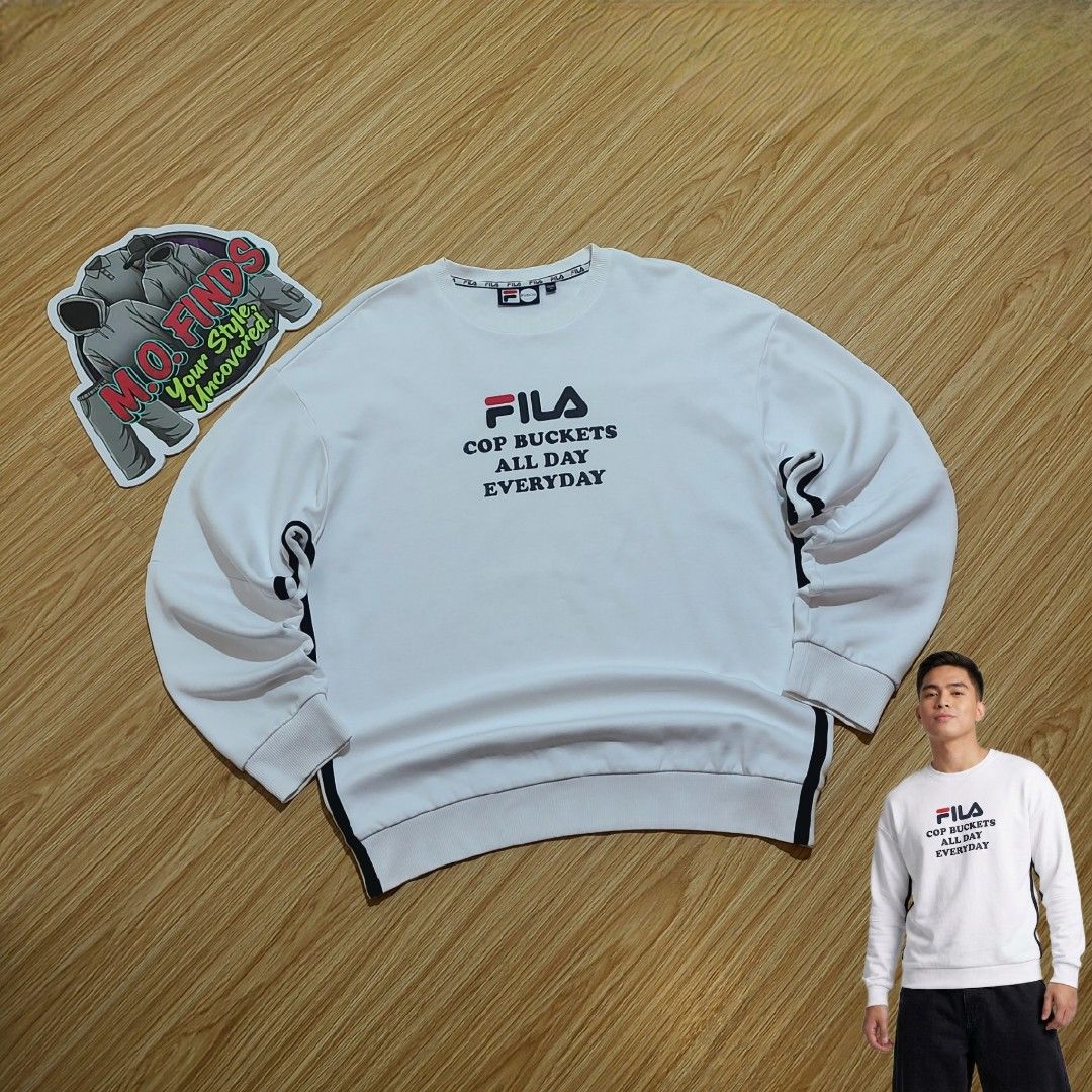 Fila Cop Buckets All Day Everyday Sweatshirt (Category: Coats, Jackets and Outerwear) located in Quezon City. Submitted by mofinds.ph (Listing ID 1435842023, Image 1). Description: Size: XL Dimes: 25x28 Condition: Excellent/Great condition MOP: BPI DELIVER: LALAMOVE OR J&T MEETUP/PICKUP: Victoria Tower D, Mother Ignacia Ave., Brgy. Paligsahan, Diliman, Quezon City.