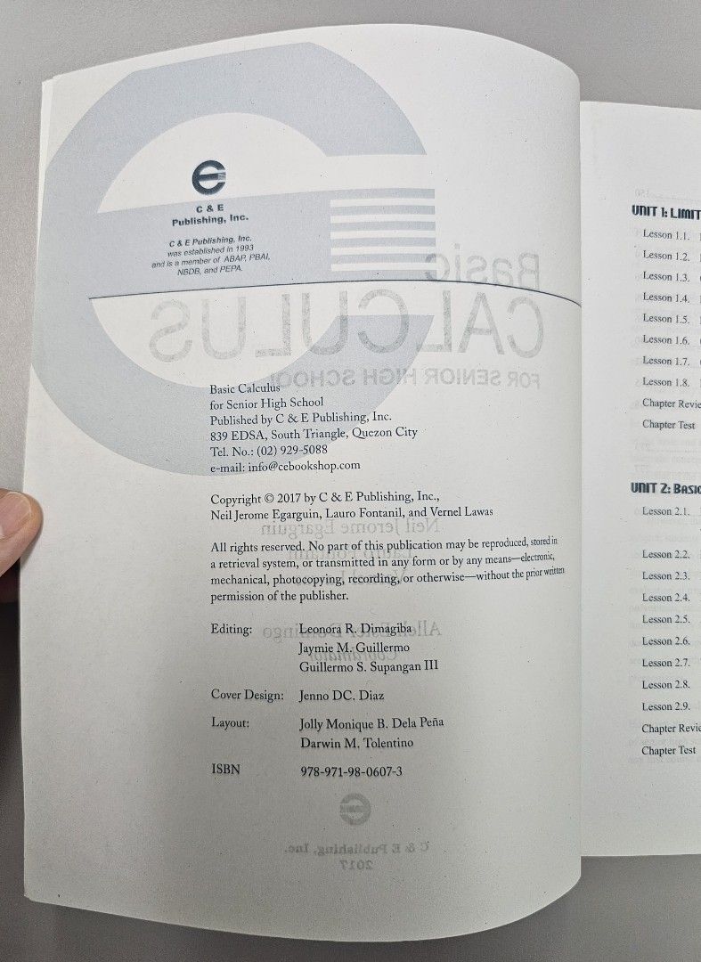 For SHS: Basic Calculus for Senior High School (by Egarguin, Fontanil and Lawas) (Category: Textbooks) located in Quezon City. Submitted by the_l1ttlej0ys (Listing ID 1435839673, Image 2). Description: preowned but unused 🥳🥳 copyright 2017 in very good condition (no writings, no creases) 2 copies available.
