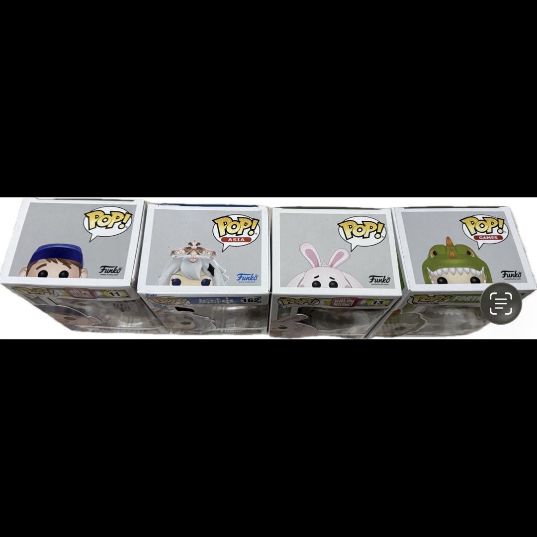 Funko Pop! Figures - Fix-It Felix, Paimon, Fun Bun, Rex (Category: Designer & Blind Box Toys) located in Cavite. Submitted by justinemil (Listing ID 1435586479, Image 2). Description: Four Funko Pop! figures are available. The figures include Fix-It Felix (Ralph Breaks the Internet #11), Paimon (Genshin Impact #162), Fun Bun (Ralph Breaks the Internet #13), and Rex (Fortnite #443). Each figure is in its original packaging. The boxes show the Funk