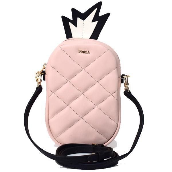 FURLA Pineapple Crossbody Bag (Category: Cross-body Bags) located in Quezon City. Submitted by elize.noelle (Listing ID 1435865508, Image 1). Description: Furla crossbody bag with a unique pineapple design. Features a quilted pink body, black strap, and gold-tone hardware. Includes a zipper closure and a black pineapple-shaped top. Light Pink; Material: Calf Leather Size (Approx.): Height 6.7 inches (17 cm) (excluding leaf motif) x Width 4.7 inch