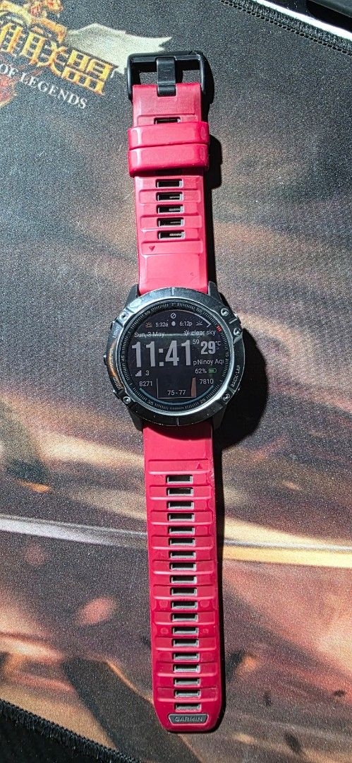 Garmin Fenix 6X Sapphire Smartwatch (Category: Wearables & Smart Watches) located in Marikina City. Submitted by kgcdl (Listing ID 1435884956, Image 1). Description: - Garmin Fenix 6X Sapphire smartwatch - Stylish red strap - Black bezel and digital display - Includes original box - GPS and Multi-Sport functionality - 100 meters water resistance.