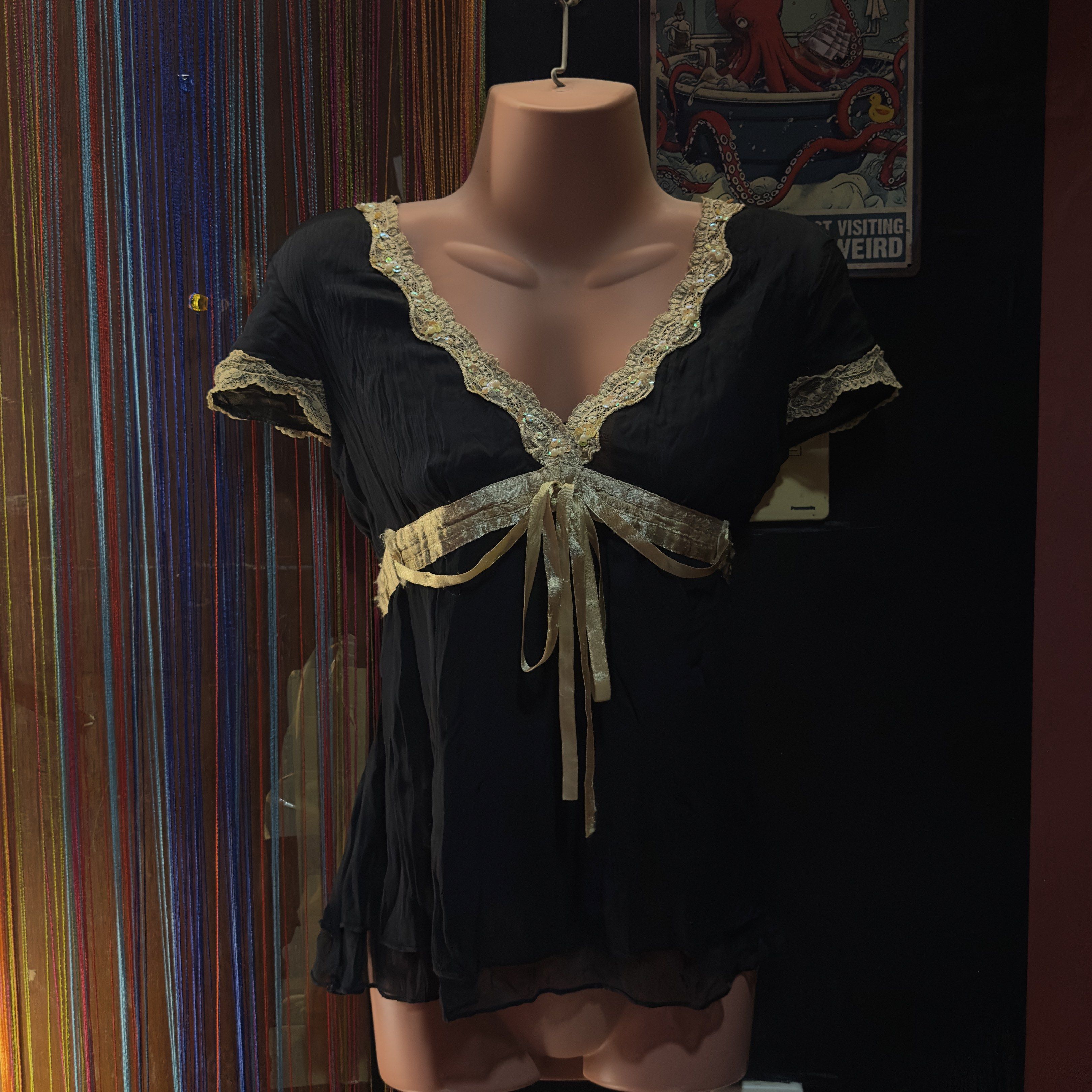 Gold Lace V-neck Sheer Black Top (Category: Blouses) located in Bulacan. Submitted by pusang1namu (Listing ID 1435865896, Image 1). Description: .