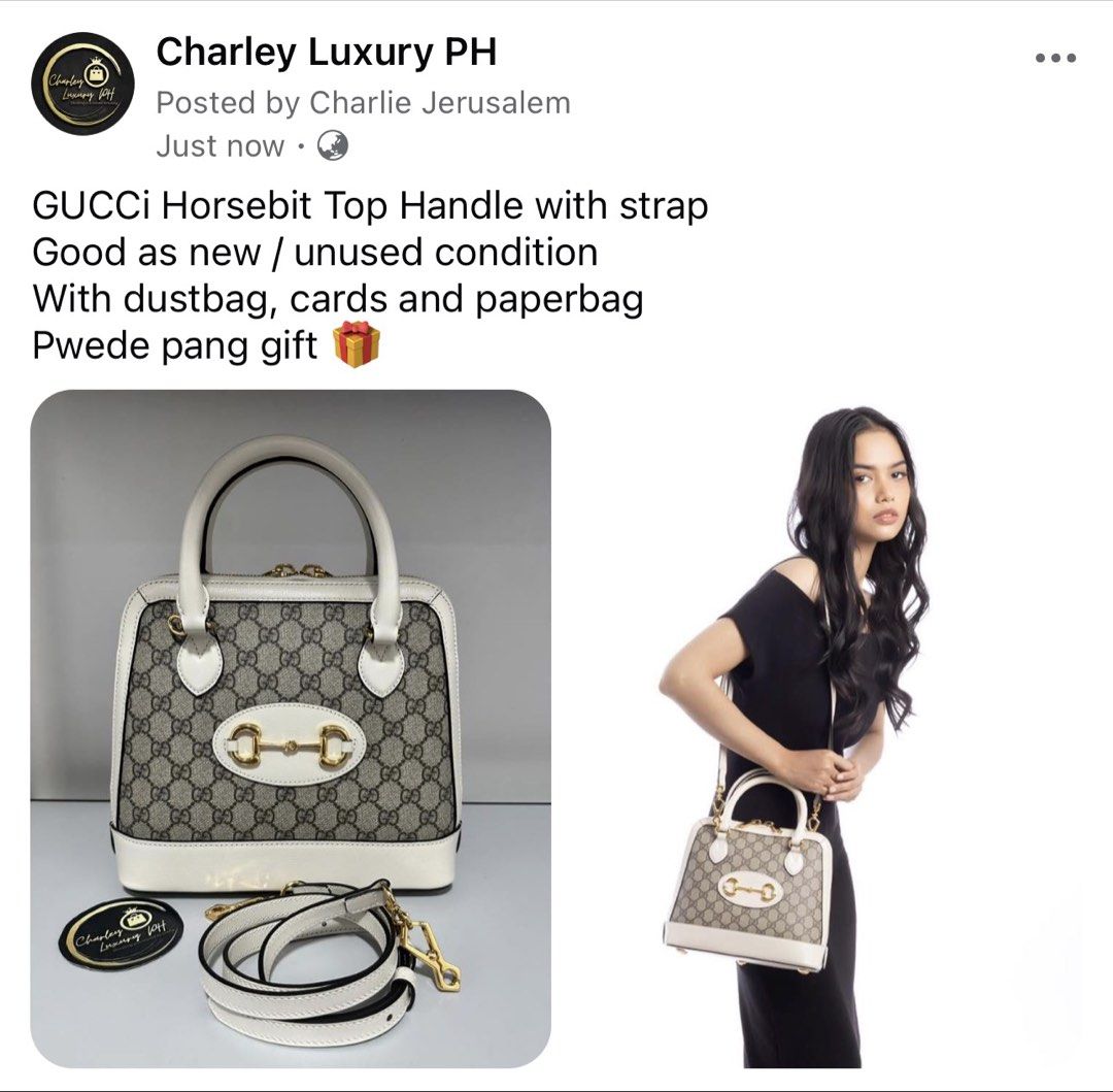 GUCCI Horsebit Top Handle with Strap (Category: Luxury Bags & Wallets) located in Malabon City. Submitted by charleyluxuryph (Listing ID 1435811813, Image 1). Description: - Authentic GUCCI Horsebit Top Handle bag - Features the iconic Horsebit design - Includes dustbag, cards, and paperbag - Perfect for gifting.