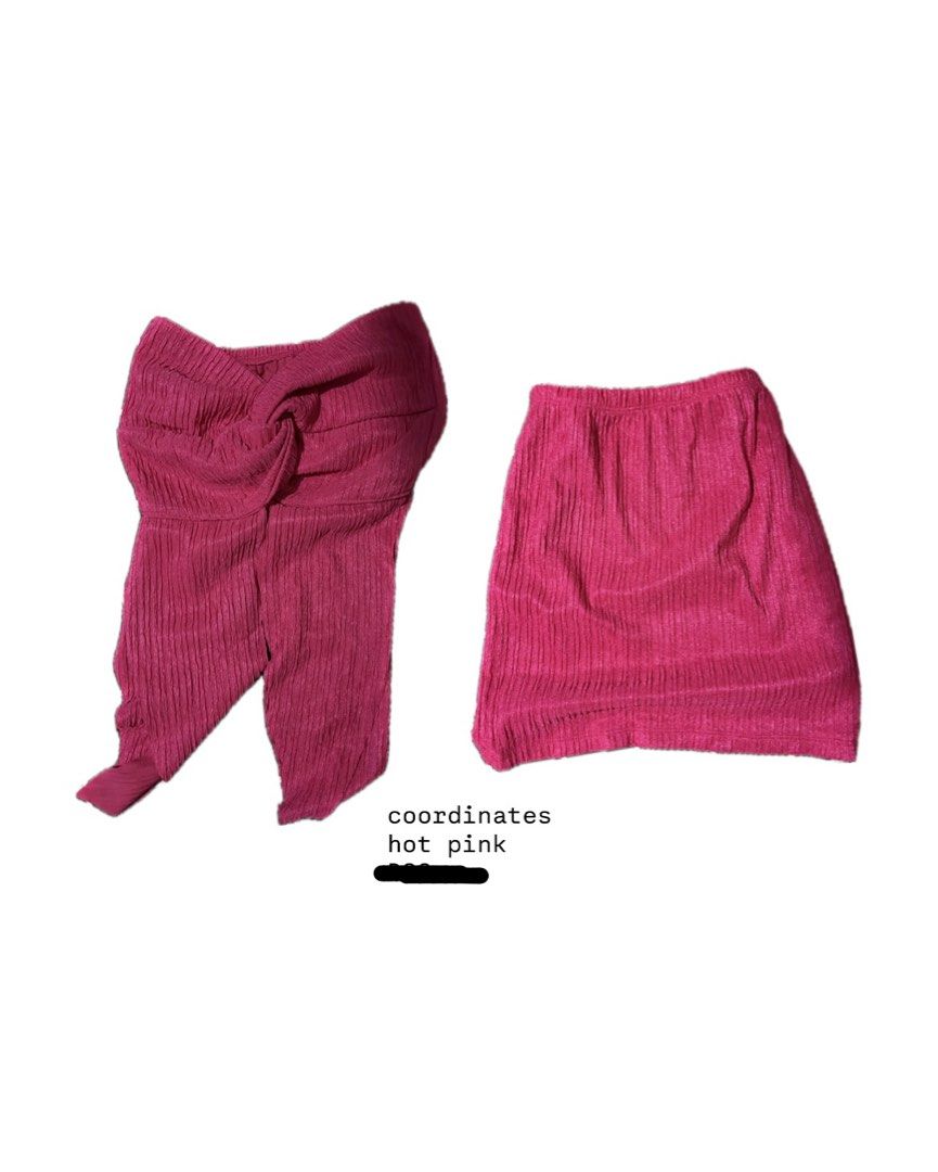 Hot Pink Coordinates Set (Category: Sets or Coordinates) located in Manila. Submitted by luzheniraklea (Listing ID 1435879198, Image 1). Description: - Hot pink coordinates set - Includes a knotted top and mini skirt - Made of textured fabric - Vibrant and eye-catching color - Ideal for a night out or special occasion.