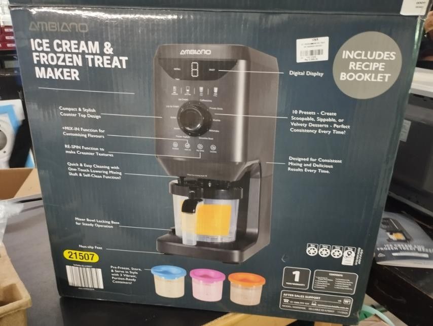 ICE CREAM & FROZEN TREAT MAKER (Category: Ice-cream Makers) located in Caloocan City. Submitted by dhiony (Listing ID 1435725161, Image 1). Description: -BRAND NEW -COMPLETE ACCESORIES -WITH BOX -AMBIANO BRAND -WITH SALES INVOICE -1MONTH WARRANTY/7DAYS RELACEMENT.