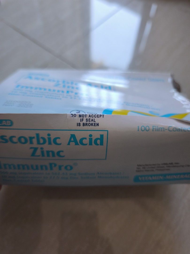 ImmunPro ascorbic Acid Zinc (Category: Health Food, Drinks & Tonics) located in Rizal. Submitted by shadow0101 (Listing ID 1435749088, Image 2). Description: 1box - 100pcs Sealed ✅ nadaganan lang box Exp. 2028.