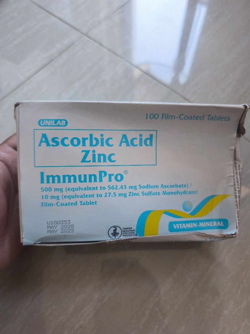 ImmunPro ascorbic Acid Zinc (Category: Health Food, Drinks & Tonics) located in Rizal. Submitted by shadow0101 (Listing ID 1435749088, Image 1). Description: 1box - 100pcs Sealed ✅ nadaganan lang box Exp. 2028.