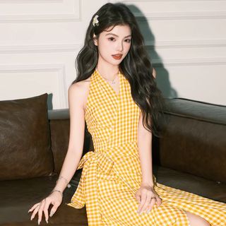 slim fit dress slacks Layla Yellow Gingham Tie Back Mini Dress main image 0