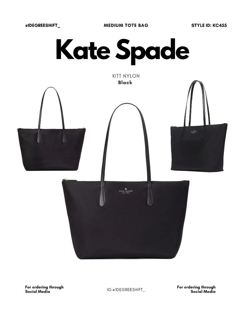 Kate Spade Kitt Nylon Medium Tote Bag (Category: Tote Bags) located in Caloocan City. Submitted by beady06 (Listing ID 1435903921, Image 2). Description: - Kate Spade Kitt Nylon Medium Tote Bag - Available Colors: Black, Lavender Smoke - Features: Zip closure, gold-tone logo - Size: Medium - Design: Classic tote - Perfect for everyday use.