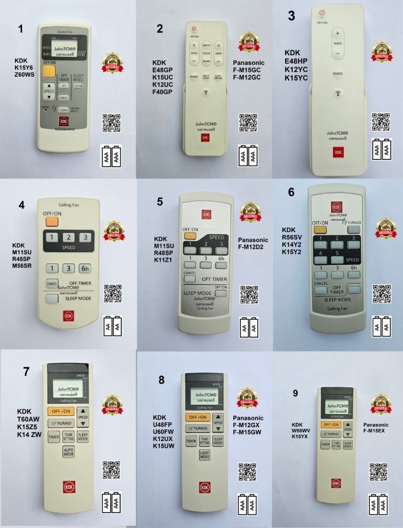 KDK Ceiling Remote Controller. (Category: Fans) located in Singapore. Submitted by johntcm (Listing ID 1435797841, Image 1). Description: KDK Authentic Ceiling Fan Remote 1. KDK remote controller for K15Y6 / Z60WS (AAA Battery)-$35 2. Panasonic & KDK ceiling remote controller models for light mode: E48GP, K15UC, K12UC, F40GP (AAA Battery)-$35 3. KDK remote controller for E48HP, K12YC, K15YC (AAA battery)-$35 4. KDK remote controller for M11SU, R4