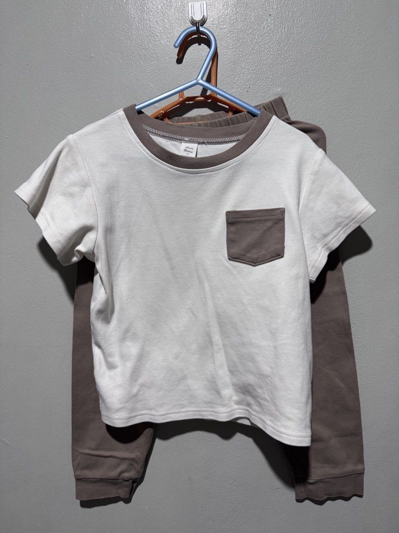 Kids' T-shirt and Pants Set (Category: Babies & Kids Fashion) located in General Trias. Submitted by lessleesell (Listing ID 1435883752, Image 1). Description: - White t-shirt with brown pocket and trim - Short-sleeved - Brown pants with elastic waistband - Cuffed ankles - Made of soft, comfortable material - Ideal for everyday wear 4Y on tag.
