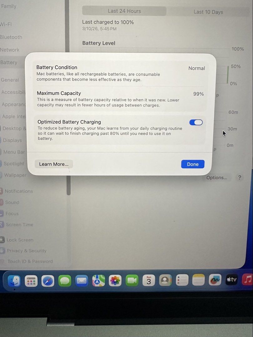 MacBook Pro 14-inch (M3, Nov 2023) (Category: Laptops & Notebooks) located in Manila. Submitted by er3h24 (Listing ID 1435780212, Image 3). Description: - MacBook Pro 14-inch with M3 chip - 512 GB storage - Battery condition: Normal, 99% maximum capacity - Last charged to 100% on March 26, 2024 - Includes Herschel laptop sleeve - Limited warranty expires December 10, 2026 - with honest issue on screen (for replacement).