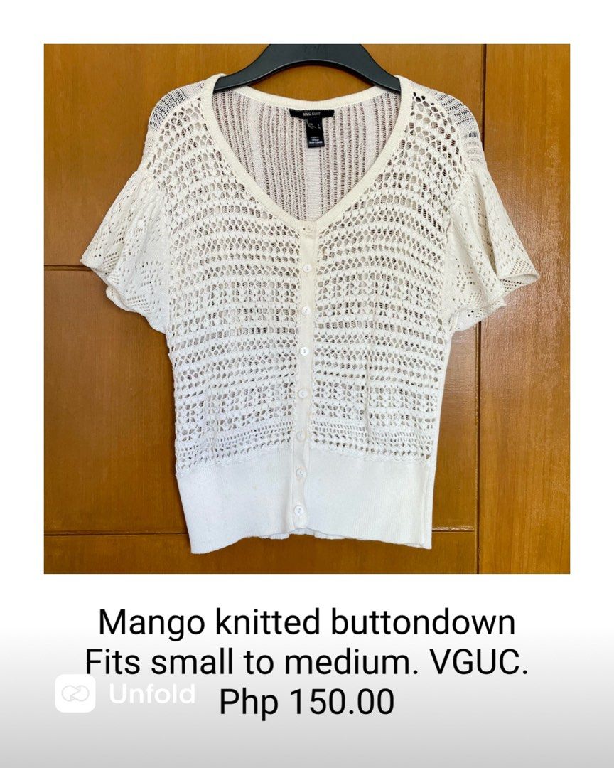 Mango knitted buttondown cardigan (Category: Blouses) located in Antipolo. Submitted by anikacruz (Listing ID 1435733619, Image 1). Description: Mango knitted buttondown cardigan Crochet style, open stitch pattern Fits medium to large Has barely noticeable yellow stains due to prolonged storage .