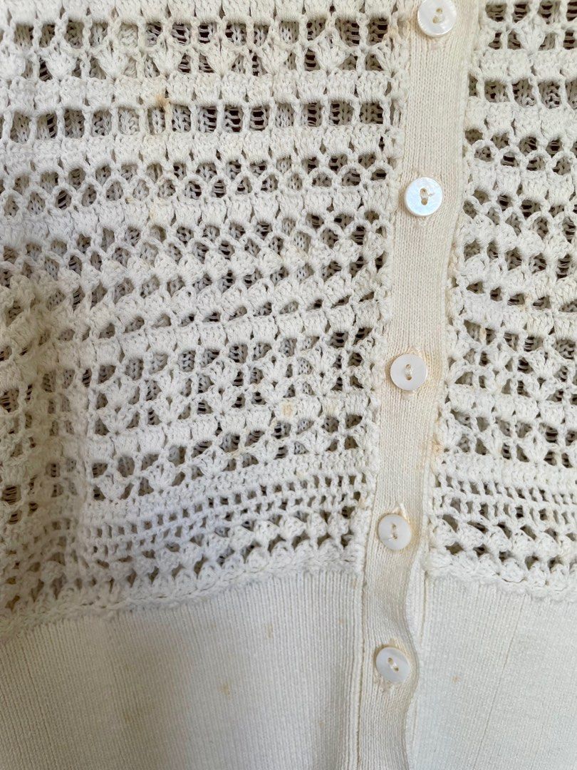 Mango knitted buttondown cardigan (Category: Blouses) located in Antipolo. Submitted by anikacruz (Listing ID 1435733619, Image 3). Description: Mango knitted buttondown cardigan Crochet style, open stitch pattern Fits medium to large Has barely noticeable yellow stains due to prolonged storage .