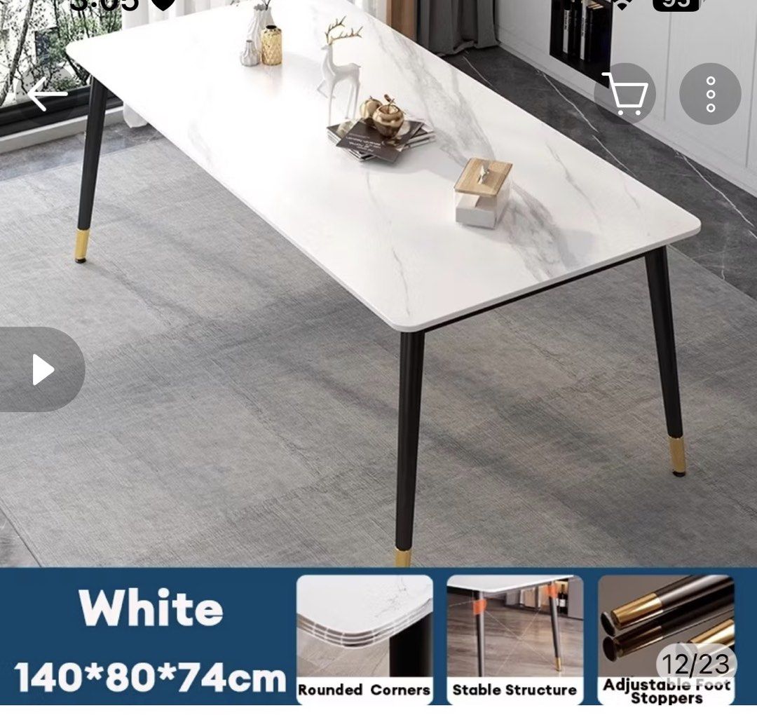 Marble Dining Table with 6 Chairs (Category: Tables & Sets) located in Cebu City. Submitted by luxeloopboutique (Listing ID 1435784600, Image 3). Description: - White marble-look dining table (140x80x74cm) with rounded corners. - Includes six stylish chairs. - Chairs feature soft, easy-to-clean cushions. - Chair legs have a thickened steel frame. - Adjustable foot stoppers on chair legs. - Chair dimensions: 86cm (height) x 41cm (width). 📍Cebu Ci