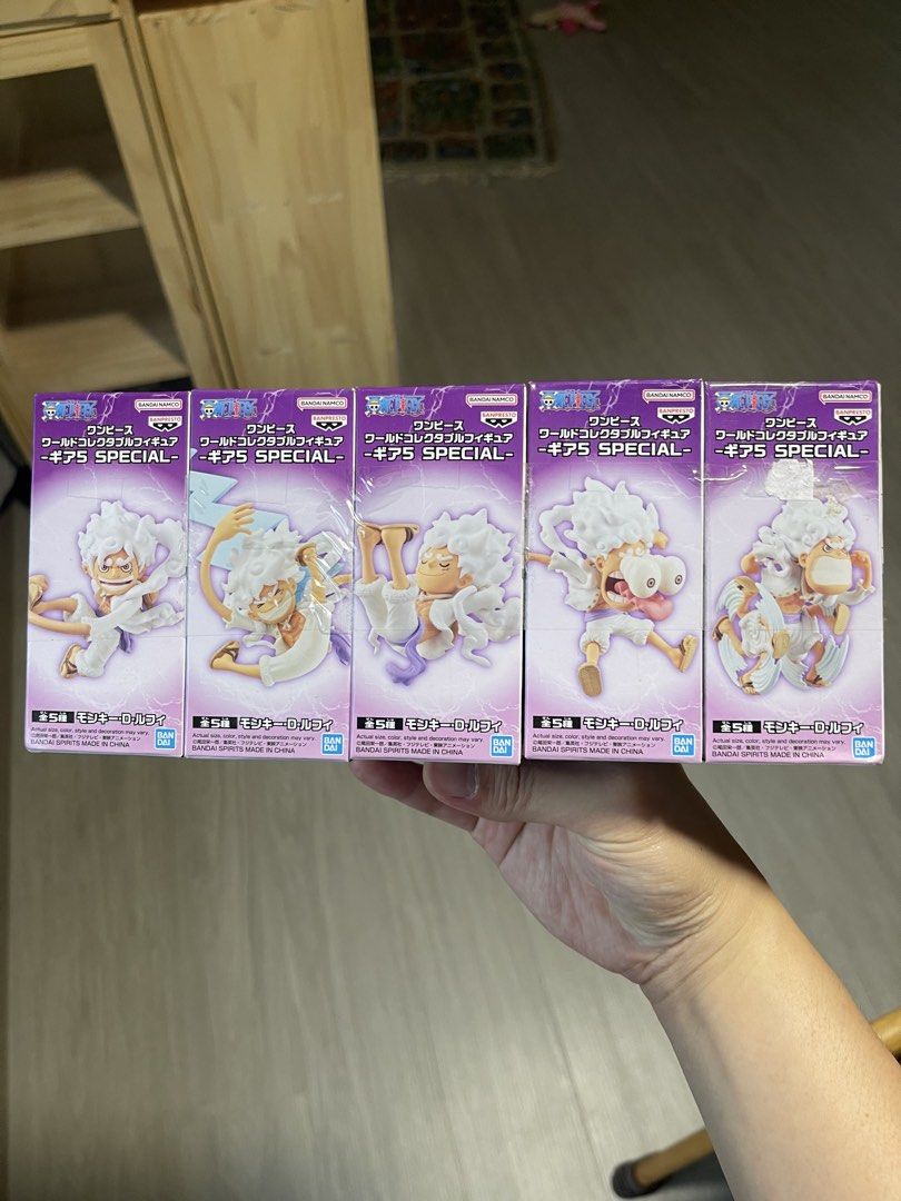 WCF Bandai One Piece Gear 5 Special Figure complete Set (Category: Toy Figures) located in Singapore. Submitted by tinypawss (Listing ID 1435830062, Image 2). Description: - Brand new set of five One Piece Gear 5 figures. - Each figure in original packaging. - Ideal for collectors and One Piece fans. - Selling as a complete set only. Opened but never display before still cover with plastic wrap.