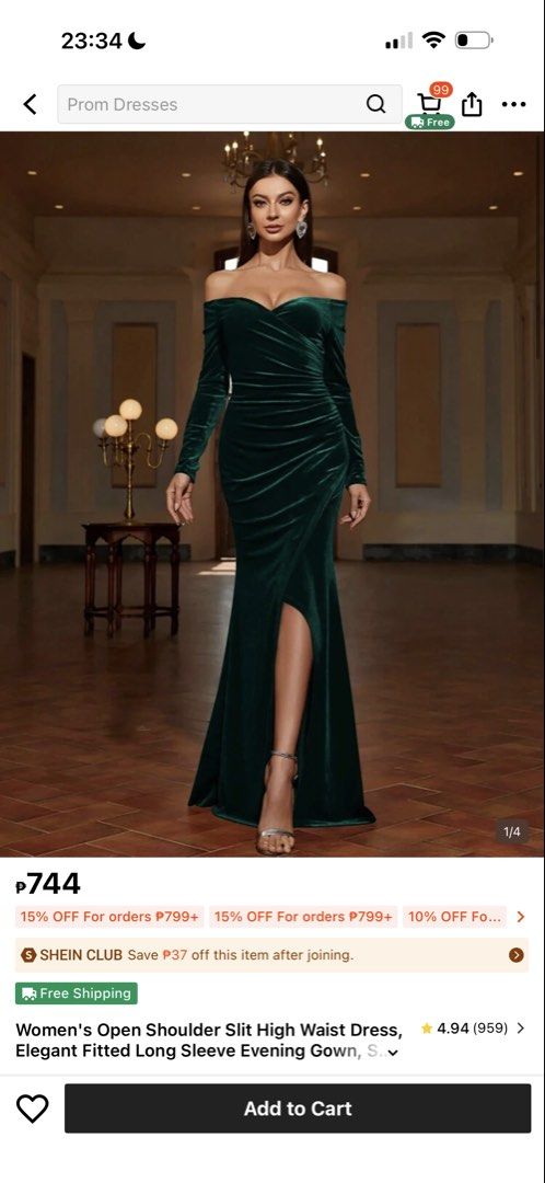 Open Shoulder Slit Evening Gown (Category: Evening dresses & gowns) located in Indang. Submitted by ayanaonfit (Listing ID 1435883714, Image 1). Description: - Emerald green velvet evening gown - Open shoulder design - High waist slit - Long sleeves - Fitted silhouette - Sweetheart neckline - Flowing skirt - Ideal for prom and special occasions.
