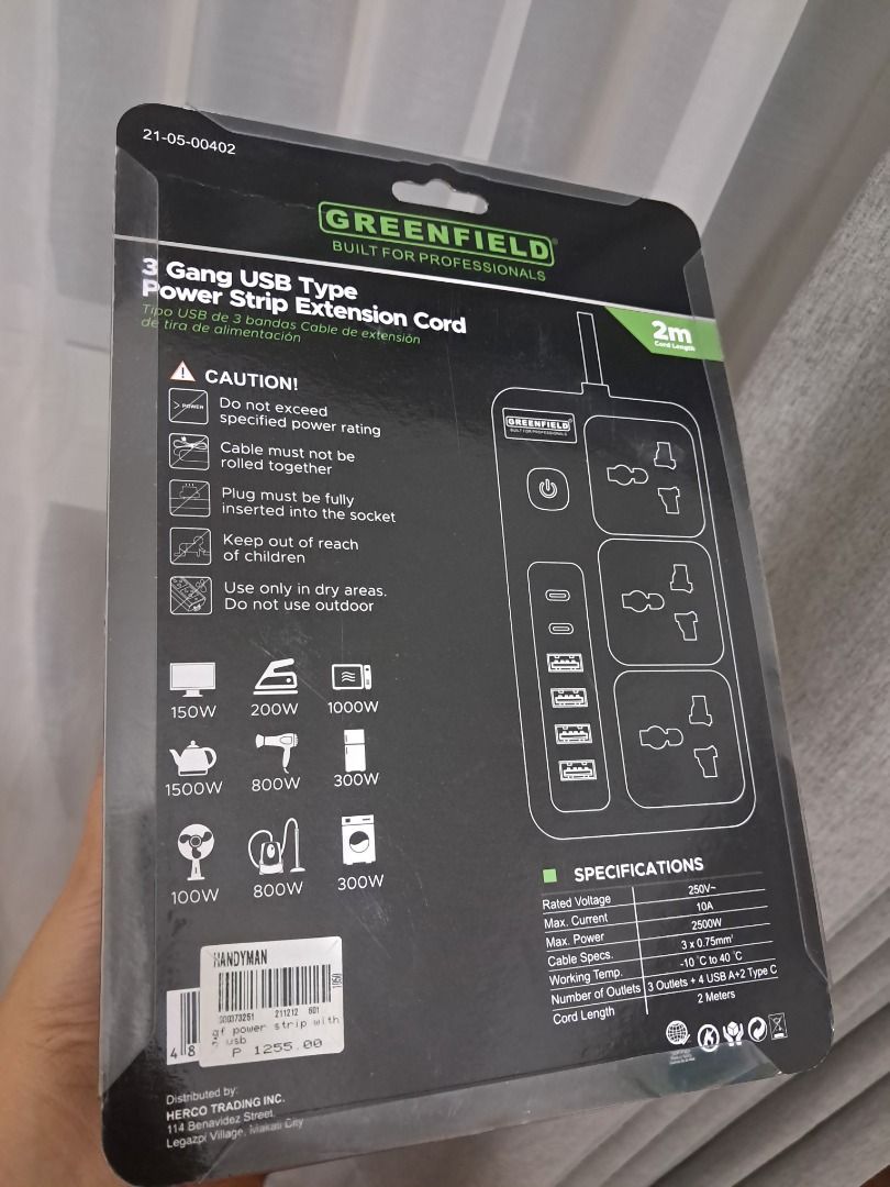 Power Strip Extension Cord (Category: Cables & Adaptors) located in Makati City. Submitted by k.1248 (Listing ID 1435852657, Image 2). Description: Greenfield 3 Gang USB Type Power Strip Extension Cord Original Price: PhP 1,255.00.