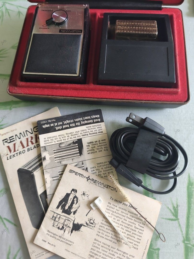 Remington Mark III Lektro Blade Shaver (Category: Men's Grooming) located in Bulacan. Submitted by jvblaguard08460 (Listing ID 1435795033, Image 3). Description: - Vintage Remington Mark III Lektro Blade shaver - Includes shaver unit, cleaning brush, original documentation, and power cord - Features a silver and black design with a dial - Comes in a red case with a blade compartment - Never been used, not sure if still working though RFS : Declut