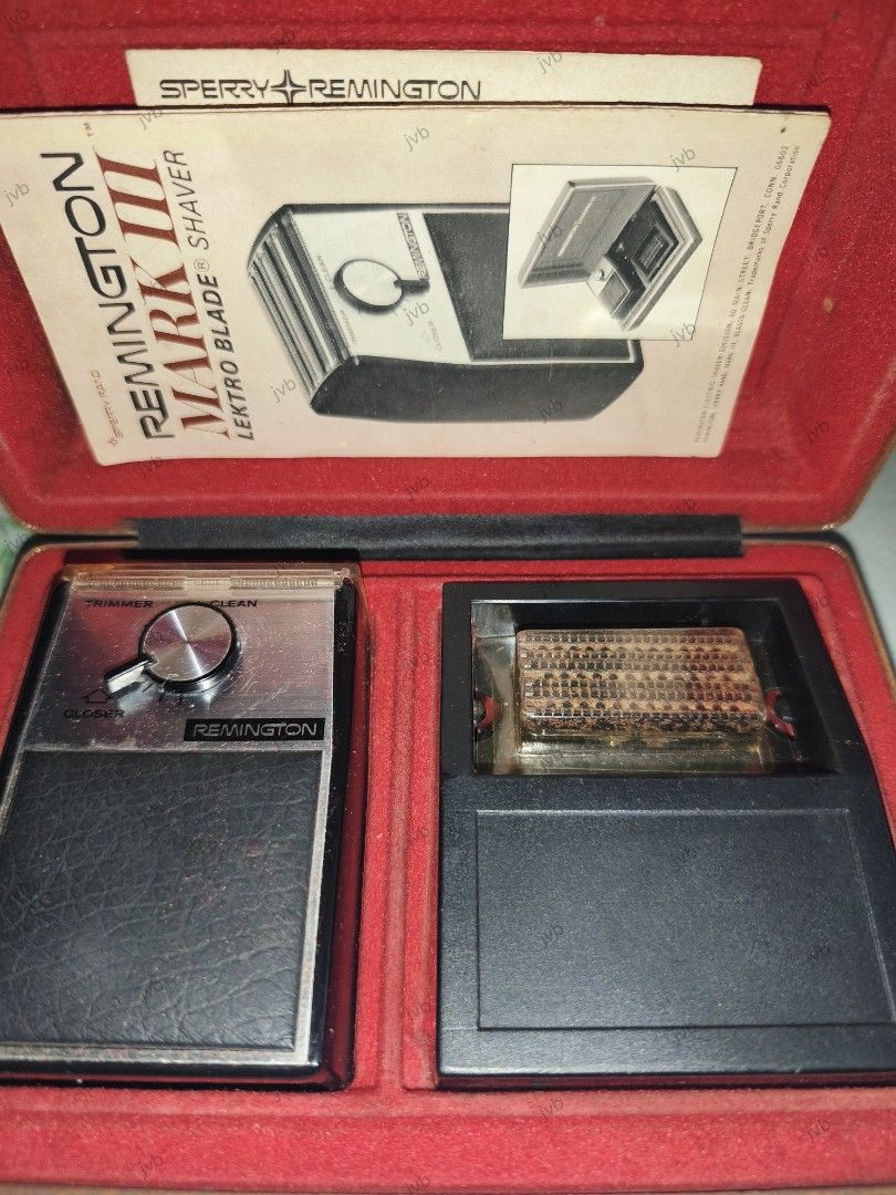Remington Mark III Lektro Blade Shaver (Category: Men's Grooming) located in Bulacan. Submitted by jvblaguard08460 (Listing ID 1435795033, Image 1). Description: - Vintage Remington Mark III Lektro Blade shaver - Includes shaver unit, cleaning brush, original documentation, and power cord - Features a silver and black design with a dial - Comes in a red case with a blade compartment - Never been used, not sure if still working though RFS : Declut