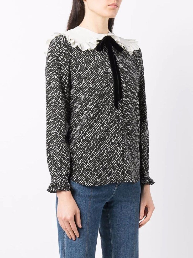 SAINT LAURENT - Peter Pan Collar Polka Blouse (Category: Blouses) located in Cavite. Submitted by gooditems.cavite (Listing ID 1435906001, Image 2). Description: - Saint Laurent blouse - Black and white polka dot pattern - White ruffle collar - Black velvet tie - Ruffled cuffs - Made in Italy - Size: F34, 155/80Y 18.5 width 24 length 14 shoulder 22 sleeves.