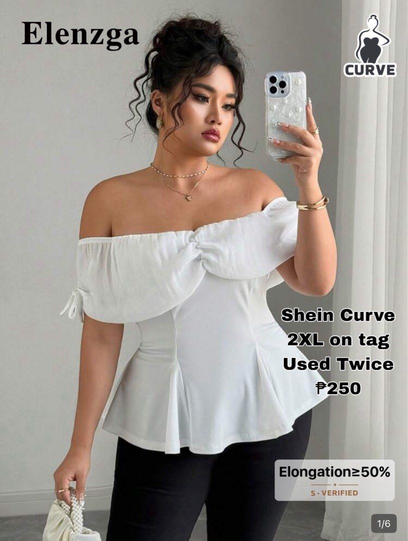 Shein Curve Off-Shoulder Top 2XL (Category: Blouses) located in Santo Niño. Submitted by nicoleshane19 (Listing ID 1435803823, Image 1). Description: - Shein Curve off-shoulder top - Size: 2XL - Color: White - Design: Knot detail at bust, tie sleeves, peplum hem - Condition: Gently used (worn twice) - Material: Stretchy.