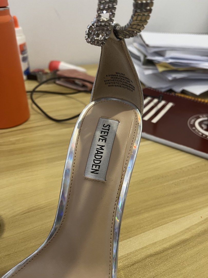 Steve Madden Silver Stiletto Heels with Ankle Strap (Category: Heels) located in Manila. Submitted by gigiscreaming (Listing ID 1434305680, Image 3). Description: - Used once and never again - Silver stiletto heels - Delicate ankle strap with embellishments - Sleek, pointed toe - Slender heel - Buckle closure - Metallic silver color.