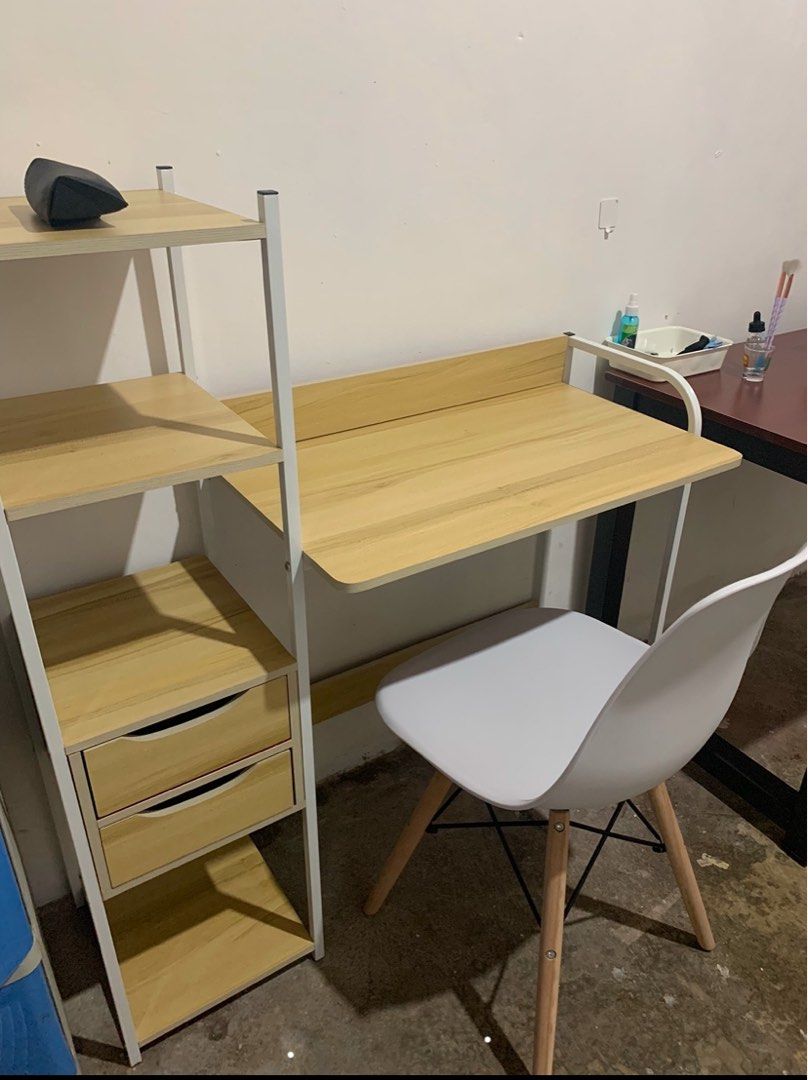 Study Desk with Shelves (Category: Tables & Sets) located in Manila. Submitted by maaaaax_ (Listing ID 1435907414, Image 1). Description: - Study Desk -₱1,200 for both table -Well used but in good condition -Perfect for wfh setup -Buyer will shoulder deliv fee/can pick up -Price still negotiable -RFS: declutter .