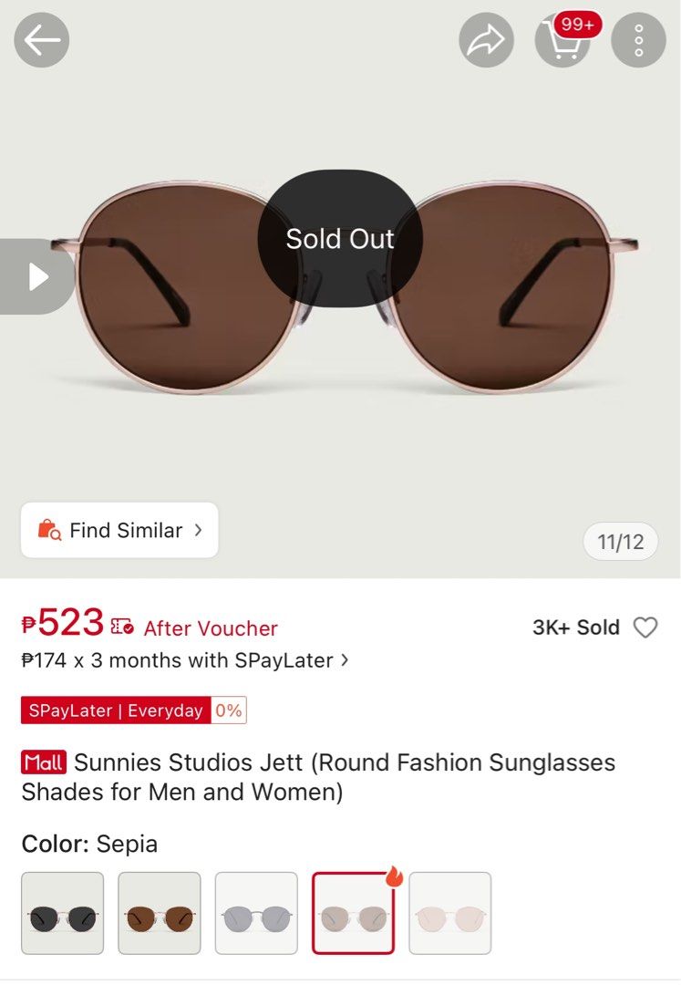Sunnies Studios Jett Round Sunglasses (Category: Sunglasses & Eyewear) located in Rizal. Submitted by _avvv (Listing ID 1435842494, Image 3). Description: - Only used once !! - Round shape - Gold frame - Sepia lenses - Includes beige protective case - Suitable for men and women comes with : •shades itself • original cloth • pouch.