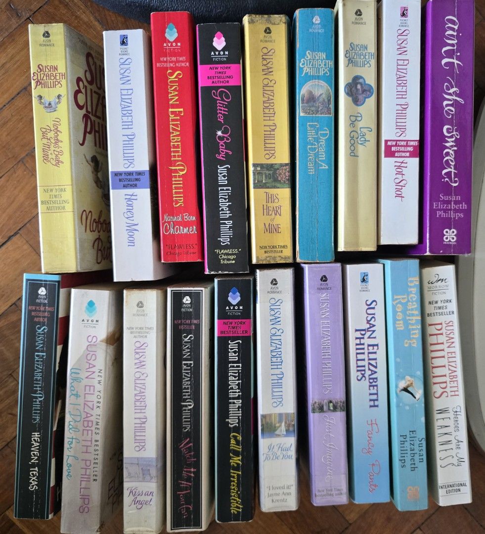 [TAKE ALL] Susan Elizabeth Phillips novels (Category: Storybooks) located in Manila. Submitted by preloved-by-diana (Listing ID 1435789536, Image 1). Description: Susan Elizabeth Phillips books: (19 books) - Nobody's Baby But Mine - Heroes Are My Weakness - This Heart Of Mine - Lady Be Good - Hot Shot - Ain't She Sweet - Heaven, Texas - What I Did For Love - Kiss An Angel - Match Me If You Can - Call Me Irresistible - It Had To Be You - Natural B