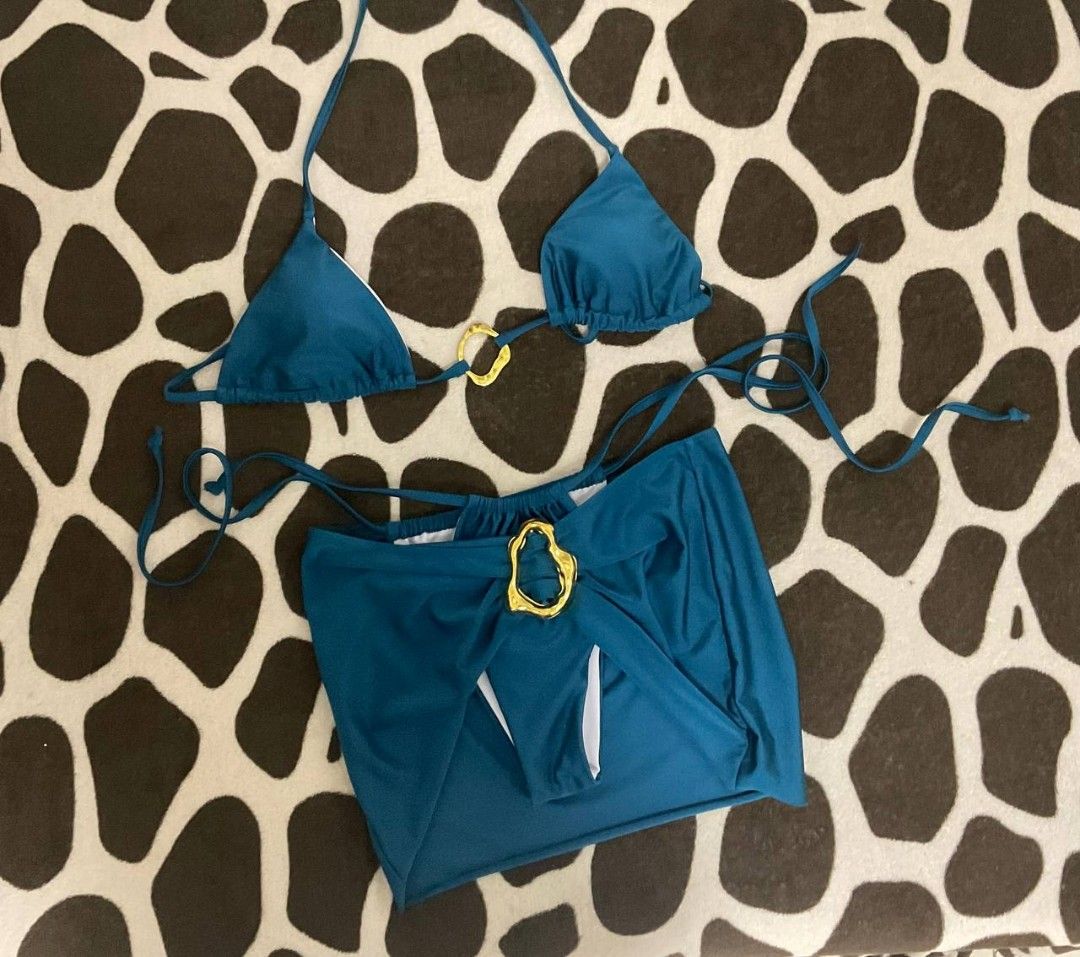 Teal Bikini Set with Gold Accents (Category: Bikinis & Swimsuits) located in Manila. Submitted by dprbea (Listing ID 1435742710, Image 2). Description: - Teal bikini set - Triangle top with adjustable straps -rfs: not kasya :(.